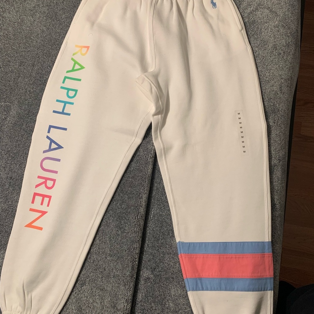 Ralph Lauren White Joggers with Rainbow Logo
